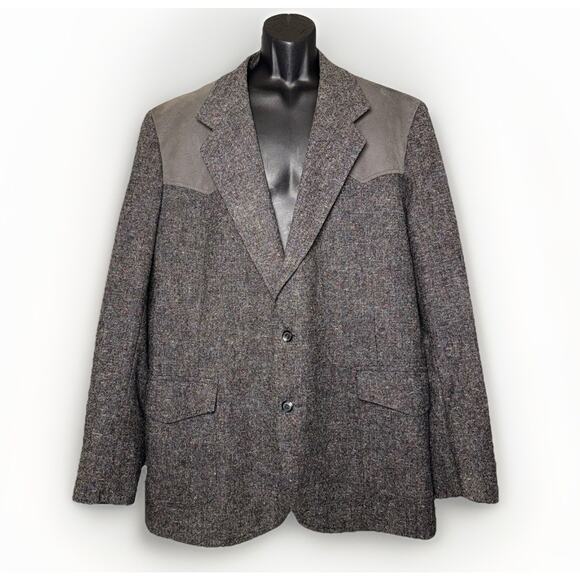 VTG Pendleton Men 50L Wool Blazer Gray Twill Jacket Coat Tweed Suede Elbow Patch - Picture 1 of 11